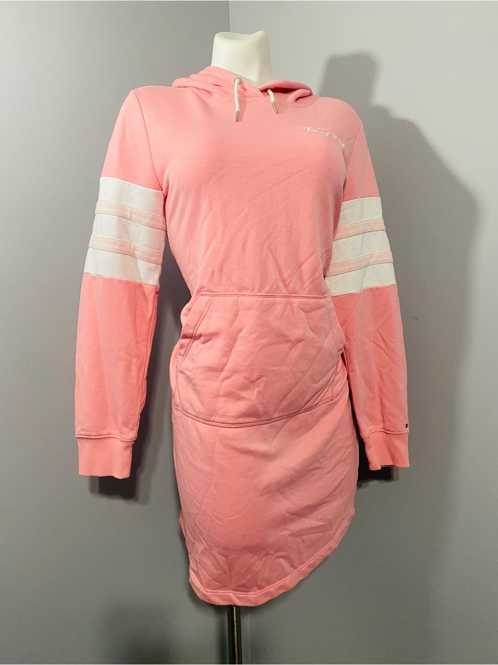 Tommy Hilfiger Pink Hoodie Dress with White Sleeve Stripes